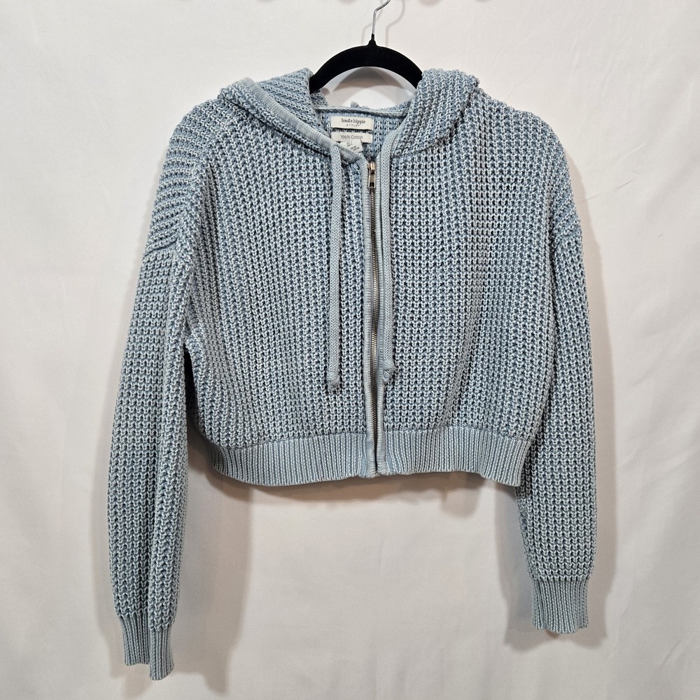 Haute Hippie Style Cropped Knit Hoodie L Blue Cotton Chunky Full Zip
